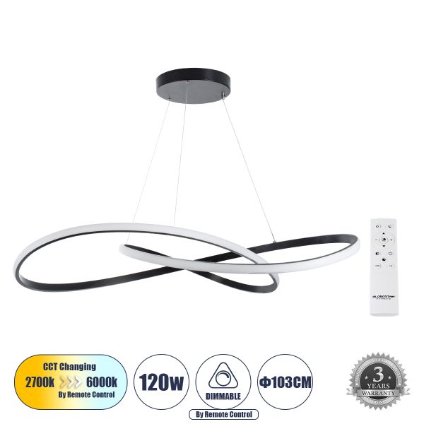 GLOBOSTAR® DEXTER 60917 Μοντέρνο Κρεμαστό Φωτιστικό Οροφής LED 120W 13440lm 300° AC 220-240V IP20 Ρυθμιζόμενο Λευκό CCT με Χειριστήριο από 2700K έως 6000K Dimmable - Lumileds SMD Chip - Μαύρο - Μ103 x Π103 x Υ22cm - 3 Χρόνια Εγγύηση