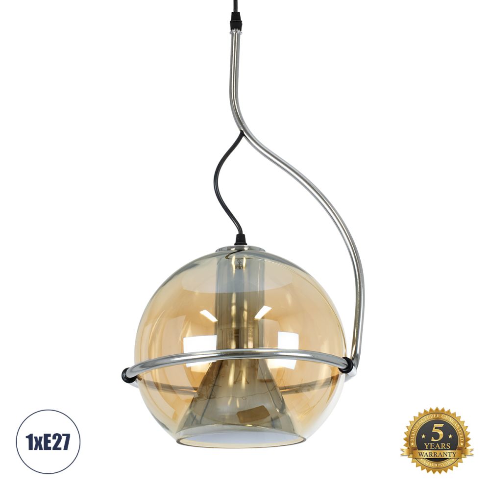 GLOBOSTAR® GLASSO 60927 Μοντέρνο Κρεμαστό Φωτιστικό Οροφής με Ντουί 1 x E27 AC 220-240V IP20 - Ασημί & Μελί - Μ27 x Π27 x Υ52cm