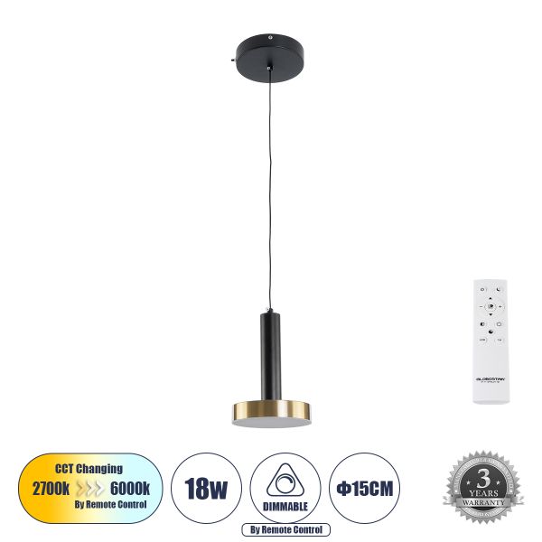 GLOBOSTAR® ZANE 60933 Κρεμαστό Φωτιστικό Design LED CCT 18W 2016lm 120° AC 220-240V IP20 - Εναλλαγή Φωτισμού μέσω Τηλεχειριστηρίου All In One Ψυχρό 6000k+Φυσικό 4500k+Θερμό 2700k Dimmable - Φ15 x Υ20cm - Μαύρο & Χρυσό - 3 Χρόνια Εγγύηση