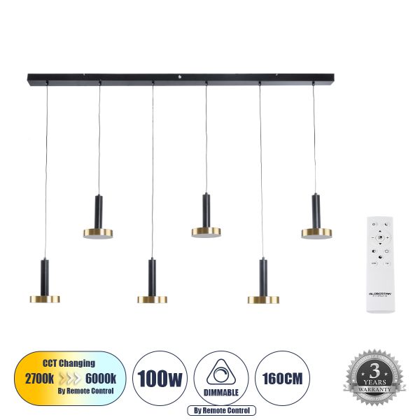 GLOBOSTAR® ZANE 60937 Κρεμαστό Φωτιστικό Design LED CCT 100W 11200lm 120° AC 220-240V IP20 - Εναλλαγή Φωτισμού μέσω Τηλεχειριστηρίου All In One Ψυχρό 6000k+Φυσικό 4500k+Θερμό 2700k Dimmable - Μ160 x Π15 x Υ20cm - Μαύρο & Χρυσό - 3 Χρόνια Εγγύηση