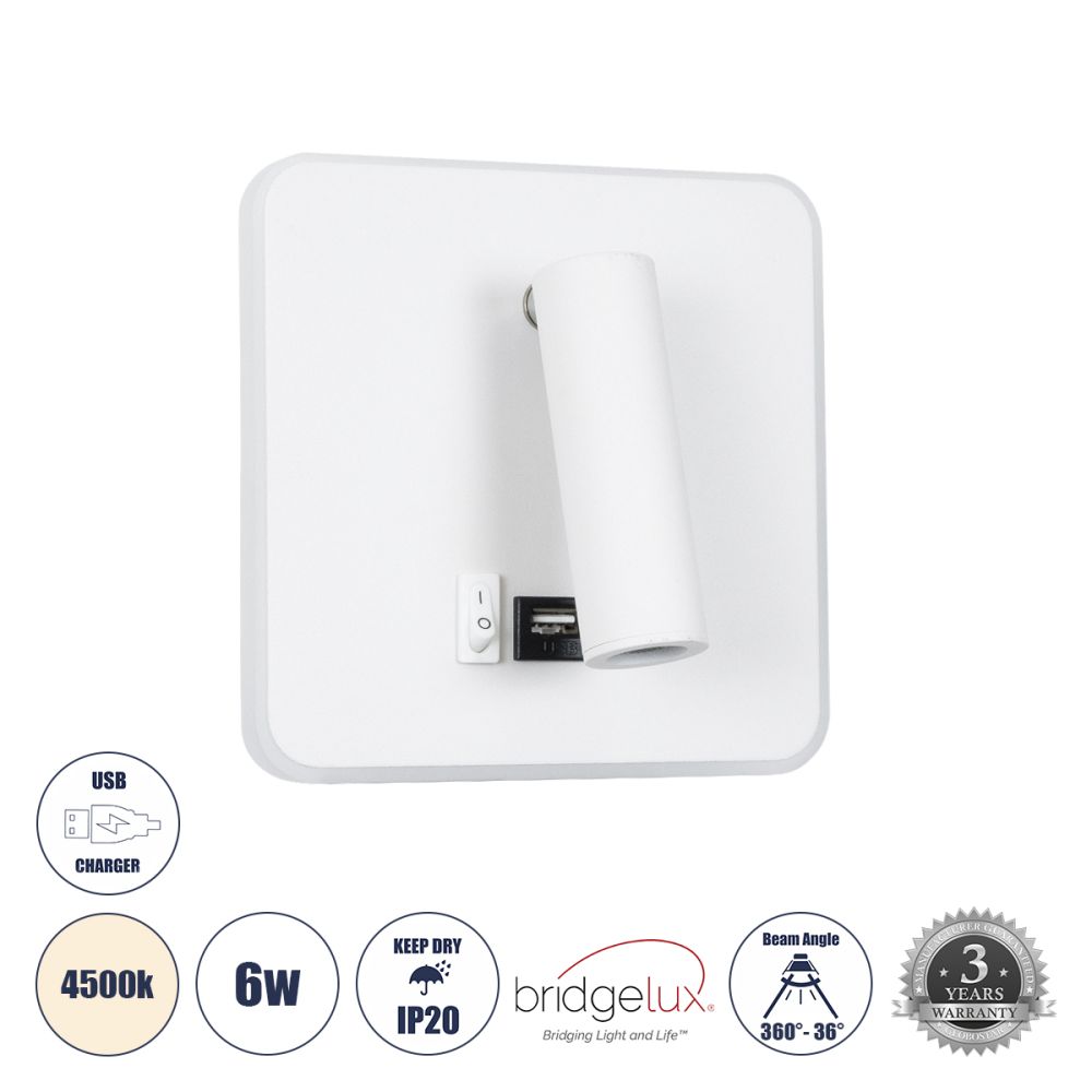 GLOBOSTAR® LADY-S 60943 Μοντέρνο Φωτιστικό Τοίχου - Απλίκα Ξενοδοχείου Reading Light με Φορτιστή USB 3A LED 6W 600lm 36° & 360° AC 220-240V IP20 Φυσικό Λευκό 4500K - Bridgelux COB Chip & TÜV SÜD Driver - Λευκό Ματ - Μ15 x Π15 x Υ7cm - 3 Χρόνια Εγγ