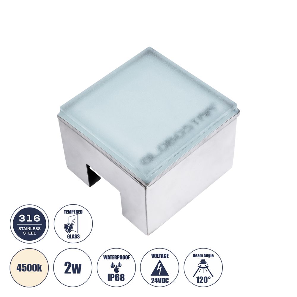 GLOBOSTAR® CYBOLITHOS 60947 Χωνευτό Αρχιτεκτονικο Φωτιστικό Σποτ Δαπέδου LED 2W 230lm 120° DC 24V Αδιάβροχο IP68 IK06 Φυσικό Λευκό 4500K Dimmable - Bridgelux SMD Chip - Γαλακτερό Tempered Glass & Ανοξείδωτο Ατσάλι SS316 - Μ10 x Π10x Υ8cm / Q10 x 10cm 