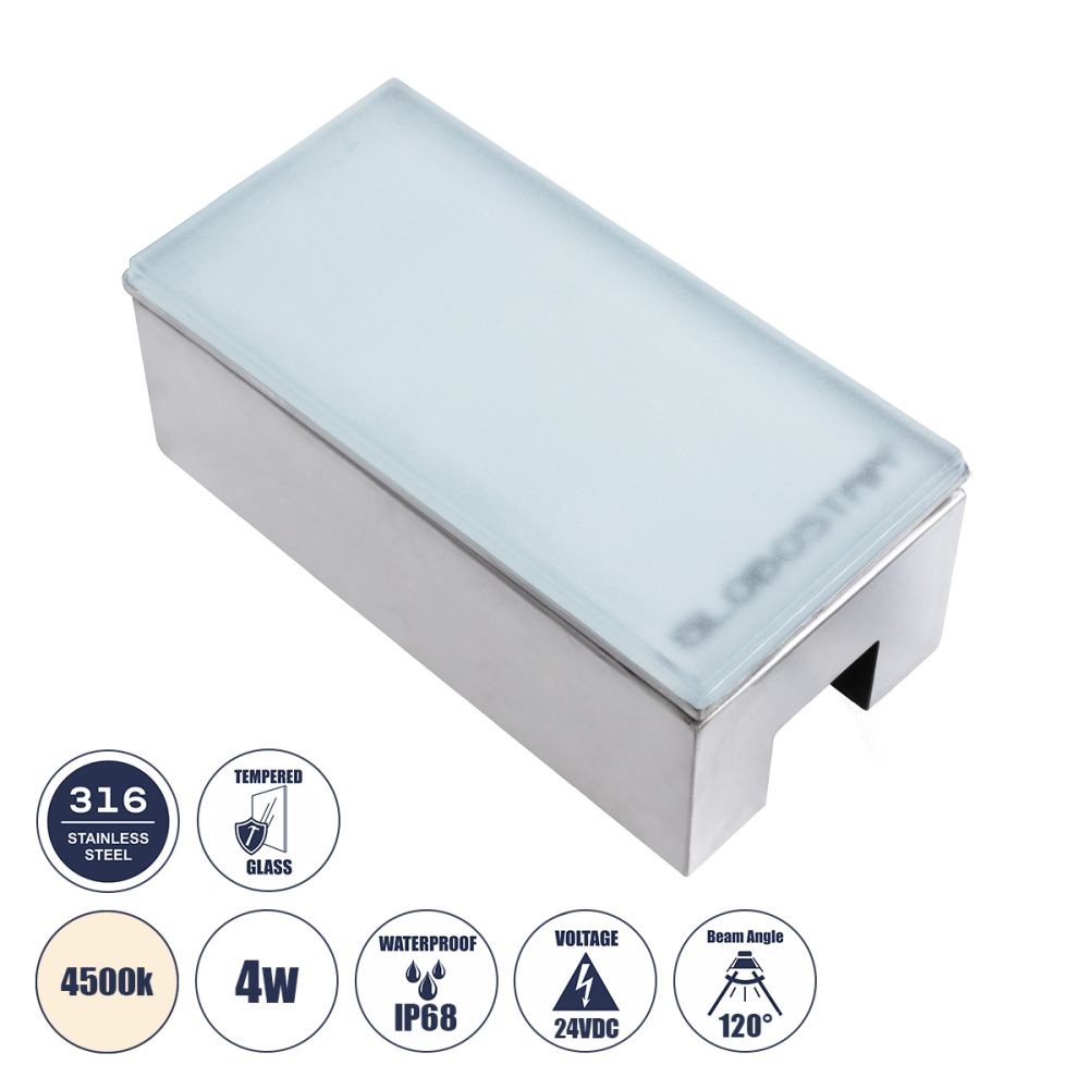 GLOBOSTAR® CYBOLITHOS 60950 Χωνευτό Αρχιτεκτονικο Φωτιστικό Σποτ Δαπέδου LED 4W 460lm 120° DC 24V Αδιάβροχο IP68 IK06 Φυσικό Λευκό 4500K Dimmable - Bridgelux SMD Chip - Γαλακτερό Tempered Glass & Ανοξείδωτο Ατσάλι SS316 - Μ20 x Π10x Υ8cm / Q20 x 10cm 