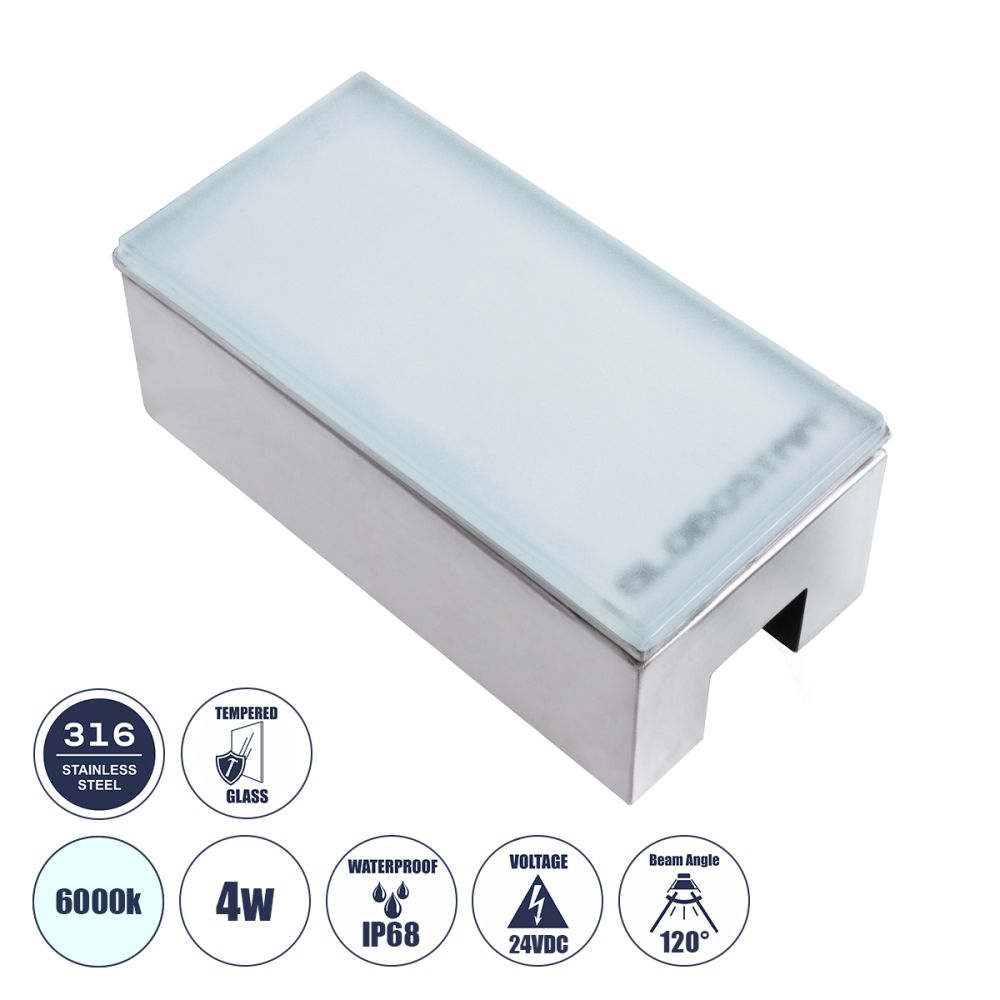 GLOBOSTAR® CYBOLITHOS 60951 Χωνευτό Αρχιτεκτονικο Φωτιστικό Σποτ Δαπέδου LED 4W 480lm 120° DC 24V Αδιάβροχο IP68 IK06 Ψυχρό Λευκό 6000K Dimmable - Bridgelux SMD Chip - Γαλακτερό Tempered Glass & Ανοξείδωτο Ατσάλι SS316 - Μ20 x Π10x Υ8cm / Q20 x 10cm -
