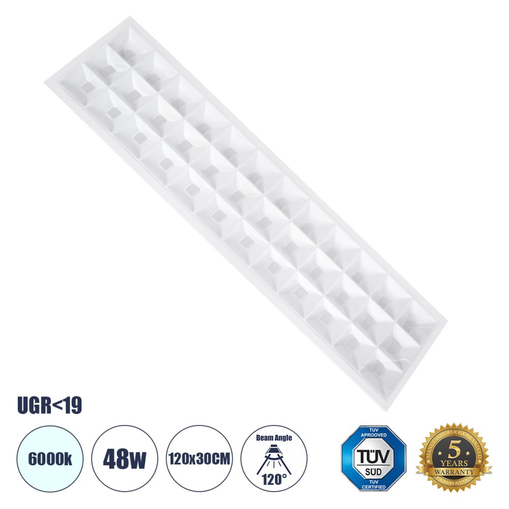 GLOBOSTAR® ZEUS 60971 Χωνευτό Panel Οροφής 120x30 με Anti Glare Reflector LED 48W 7440lm 120° CRI≥85Ra UGR<19 AC 220-240V IP20 Ψυχρό Λευκό 6000K - Lumileds SMD Chip & TÜV SÜD Driver - Λευκό Γαλακτερό - Μ120 x Π30 x Υ3.3cm / Q116 x 26cm - 5 Χρόνια Ε