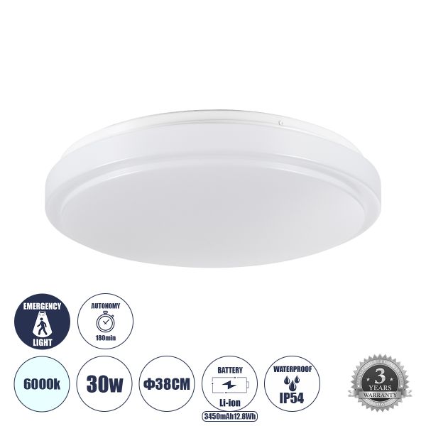 GloboStar® EMERGANO 60992 Πλαφονιέρα Οροφής LED 30W 3000lm 120° AC 220-240V με Ενσωματωμένο Σύστημα Emergency Li-ion 3450mAh/12.8Wh με Αυτονομία έως 3hrs - Αδιάβροχη IP54 Φ38 x Υ5.3cm Ψυχρό Λευκό 6000K - Λευκό - Bridgelux Chips - 3 Years Warranty