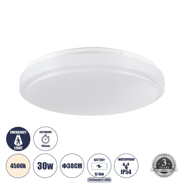 GloboStar® EMERGANO 60993 Πλαφονιέρα Οροφής LED 30W 2850lm 120° AC 220-240V με Ενσωματωμένο Σύστημα Emergency Li-ion 3450mAh/12.8Wh με Αυτονομία 3hrs - Αδιάβροχη IP54 Φ38 x Υ5.3cm Φυσικό Λευκό 4500K - Λευκό - Bridgelux Chips - 3 Years Warranty