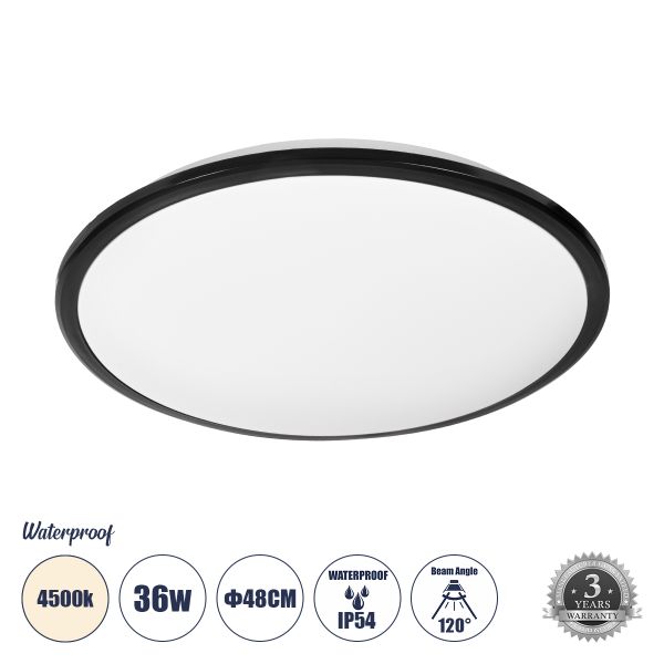 GloboStar® TUFFIN 60999 Πλαφονιέρα Οροφής LED 36W 3960lm 120° AC 220-240V Αδιάβροχη IP54 Φ48 x Υ6.5cm Φυσικό Λευκό 4500K - Μαύρο - Bridgelux Chips - 3 Years Warranty