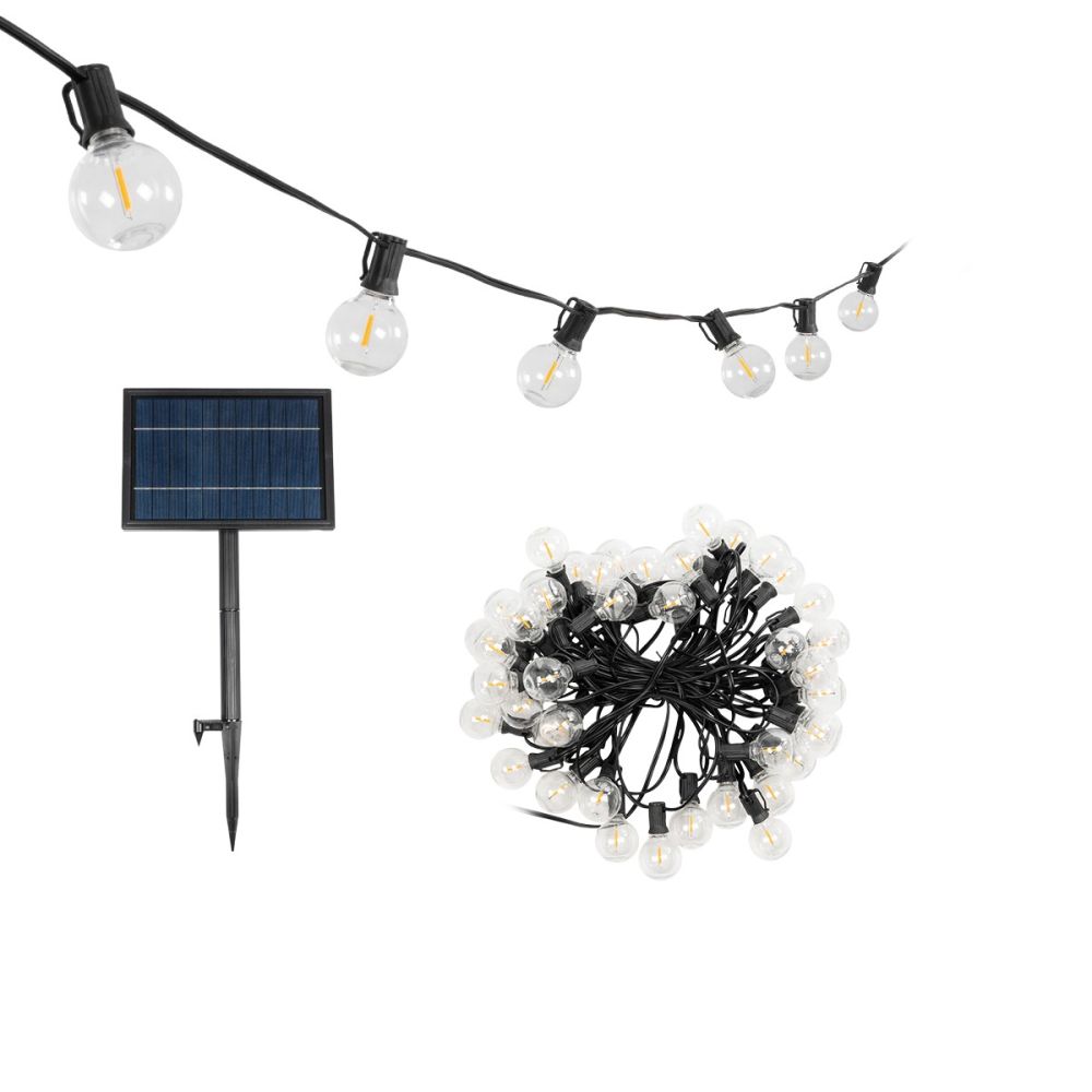 GLOBOSTAR® TWILIGHT 79669 Μοντέρνο Φωτιστικό Κήπου Γιρλάντα 14.5m με 50 Λάμπες LED 30W 2700lm 360° DC 3.6V με Φωτοβολταϊκό Panel 5.5V 5W & Επαναφορτιζόμενη Μπαταρία Li-ion 3.7V 3x18650 6600mAh Αδιάβροχο IP65 Θερμό Λευκό 2700Κ Dimmable - Sanan SMD Chip