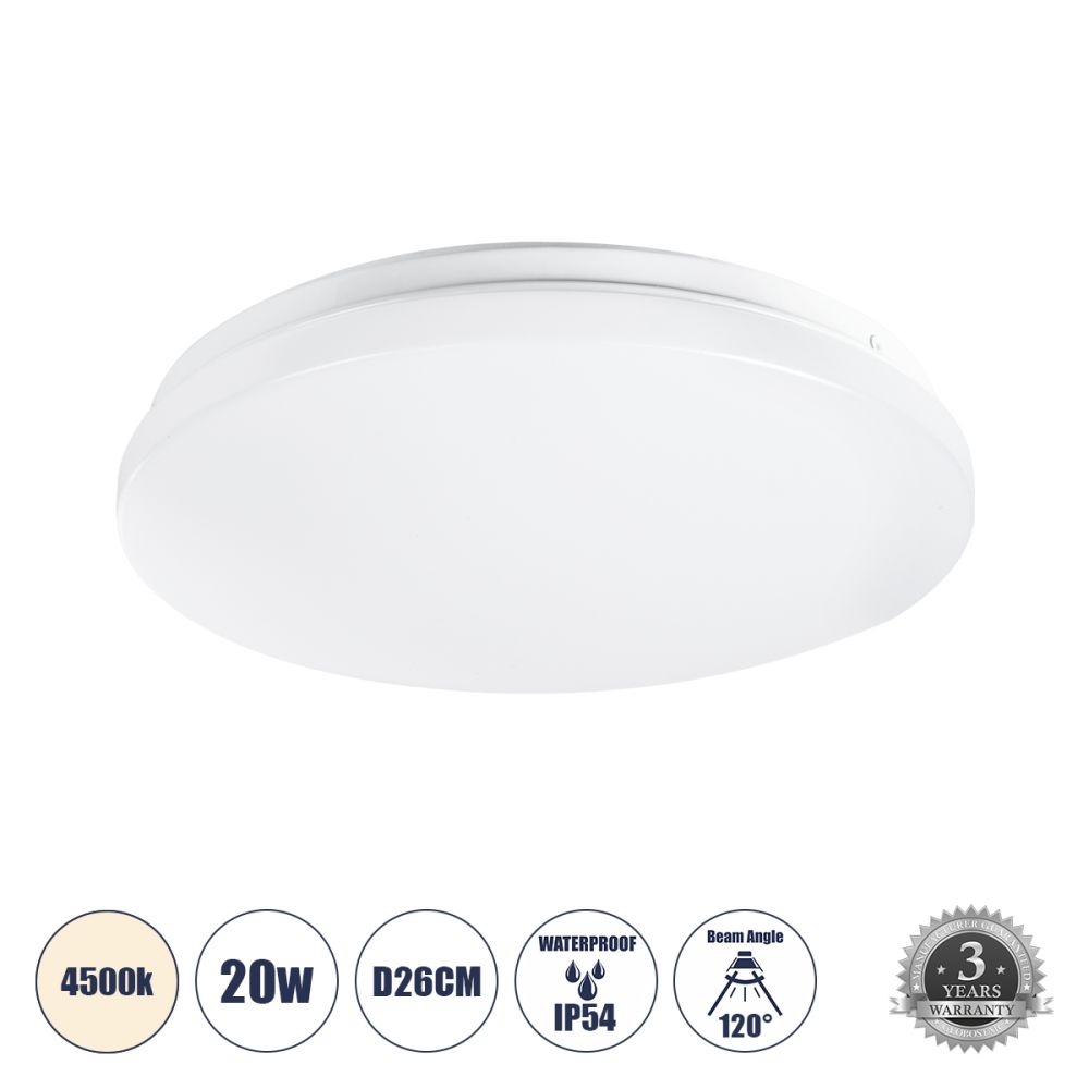 GLOBOSTAR® CELANO 61006 Φωτιστικό Πλαφονιέρα Οροφής LED 20W 1900lm 120° AC 220-240V Αδιάβροχο IP54 Φυσικό Λευκό 4500K - Lumileds SMD Chip - Λευκό Γαλακτερό - Μ26 x Π26 x Υ6cm - 3 Χρόνια Εγγύηση