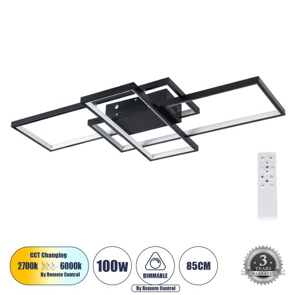 GLOBOSTAR® QUADRA 61385 Μοντέρνο Φωτιστικό Οροφής LED 100W 12000lm 120° AC 220-240V IP20 Ρυθμιζόμενο Λευκό CCT με Χειριστήριο από 2700K έως 6000K Dimmable - Lumileds SMD Chip - Μαύρο Ματ - Μ85 x Π45 x Υ9cm - 3 Χρόνια Εγγύηση