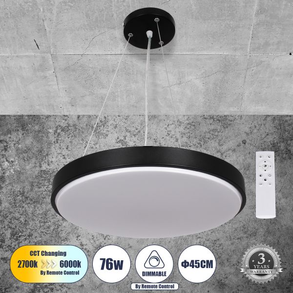 GLOBOSTAR® CASPER 61019 Μοντέρνο Κρεμαστό Φωτιστικό Οροφής LED 76W 8372lm 120° AC 220-240V IP20 Ρυθμιζόμενο Λευκό CCT με Χειριστήριο από 2700K έως 6000K Dimmable - Lumileds SMD Chip - Μαυρό - Μ45 x Π45 x Υ5.5cm - 3 Χρόνια Εγγύηση
