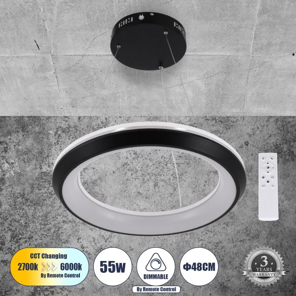 GLOBOSTAR® MELINA 61043 Μοντέρνο Κρεμαστό Φωτιστικό Οροφής LED 55W 6376lm 120° AC 220-240V IP20 Ρυθμιζόμενο Λευκό CCT με Χειριστήριο από 2700K έως 6000K Dimmable - Lumileds SMD Chip - Μαύρο - Μ48 x Π48 x Υ6.5cm - 3 Χρόνια Εγγύηση