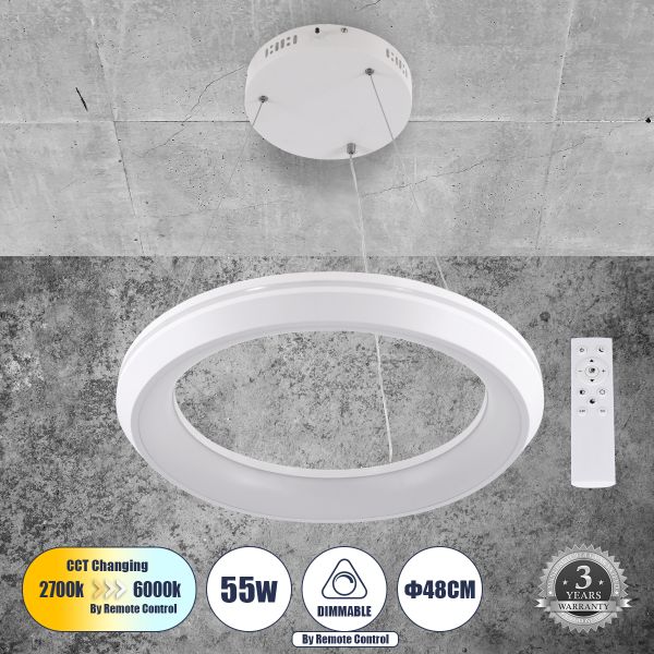 GLOBOSTAR® MELINA 61044 Μοντέρνο Κρεμαστό Φωτιστικό Οροφής LED 55W 6376lm 120° AC 220-240V IP20 Ρυθμιζόμενο Λευκό CCT με Χειριστήριο από 2700K έως 6000K Dimmable - Lumileds SMD Chip - Λευκό - Μ48 x Π48 x Υ6.5cm - 3 Χρόνια Εγγύηση