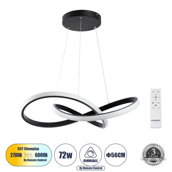 GLOBOSTAR® DEXTER 61049 Μοντέρνο Κρεμαστό Φωτιστικό Οροφής LED 72W 8064lm 300° AC 220-240V IP20 Ρυθμιζόμενο Λευκό CCT με Χειριστήριο από 2700K έως 6000K Dimmable - Lumileds SMD Chip - Μαύρο - Μ56 x Π56 x Υ14cm - 3 Χρόνια Εγγύηση