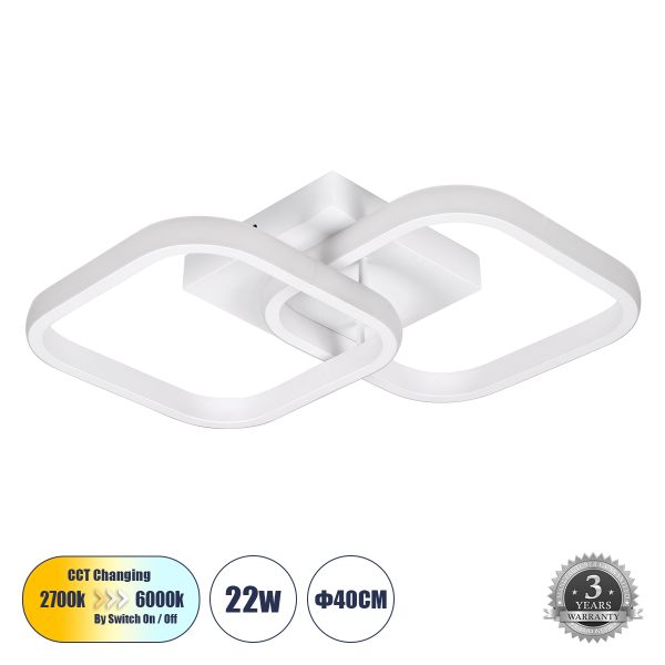 GLOBOSTAR® NORA 61062 Μοντέρνο Φωτιστικό Οροφής LED 22W 2640lm 300° AC 220-240V IP20 Ρυθμιζόμενο Λευκό CCT με On/Off 2700K/4500K/6000K - Lumileds SMD Chip - Λευκό Ματ - Μ40 x Π24 x Υ7cm - 3 Χρόνια Εγγύηση