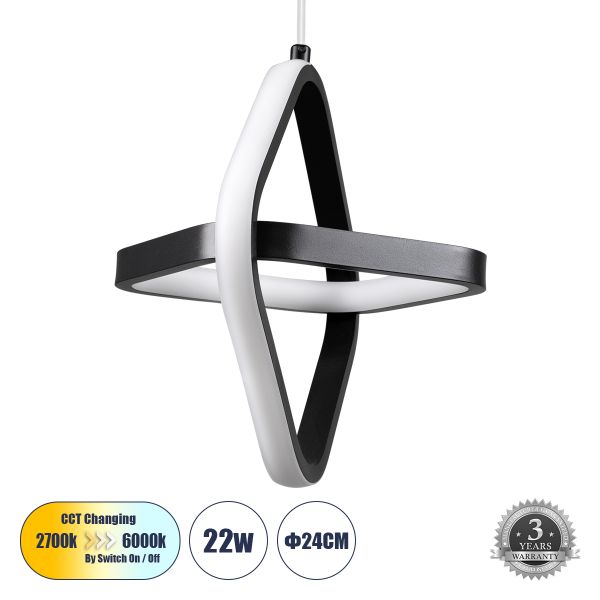 GLOBOSTAR® ROSE 61064 Μοντέρνο Κρεμαστό Φωτιστικό Οροφής LED 22W 2640lm 300° AC 220-240V IP20 Ρυθμιζόμενο Λευκό CCT με On/Off 2700K/4500K/6000K - Lumileds SMD Chip - Μαύρο - Μ24 x Π22 x Υ24cm - 3 Χρόνια Εγγύηση