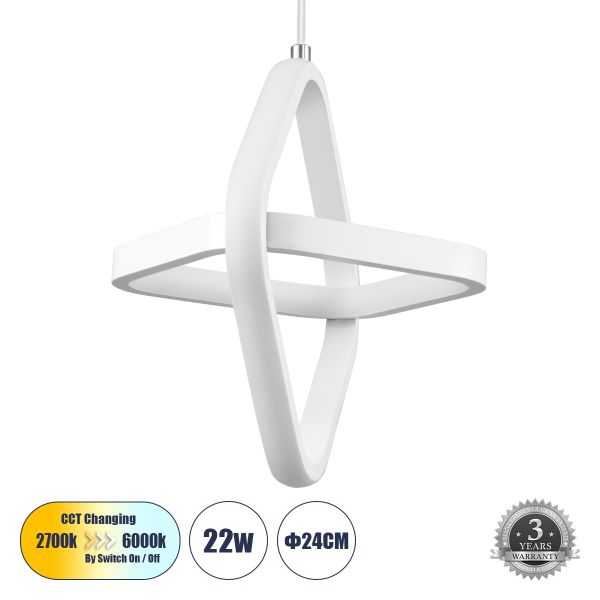 GLOBOSTAR® ROSE 61065 Μοντέρνο Κρεμαστό Φωτιστικό Οροφής LED 22W 2640lm 300° AC 220-240V IP20 Ρυθμιζόμενο Λευκό CCT με On/Off 2700K/4500K/6000K - Lumileds SMD Chip - Λευκό - Μ24 x Π22 x Υ24cm - 3 Χρόνια Εγγύηση