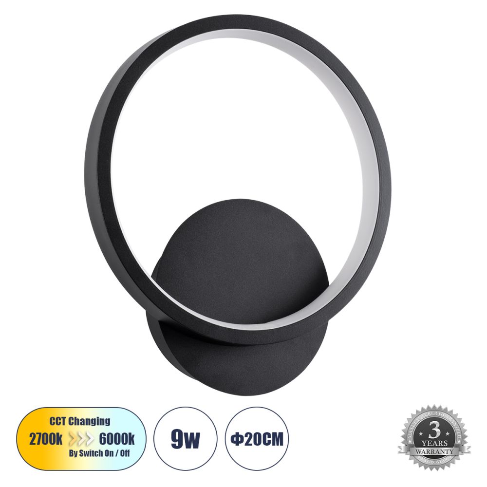 GLOBOSTAR® TED 61070 Μοντέρνο Φωτιστικό Τοίχου - Απλίκα LED 9W 1080lm 300° AC 220-240V IP20 Ρυθμιζόμενο Λευκό CCT με On/Off 2700K/4500K/6000K - Lumileds SMD Chip - Μαύρο Ματ - Μ20 x Π5.5 x Υ23cm - 3 Χρόνια Εγγύηση