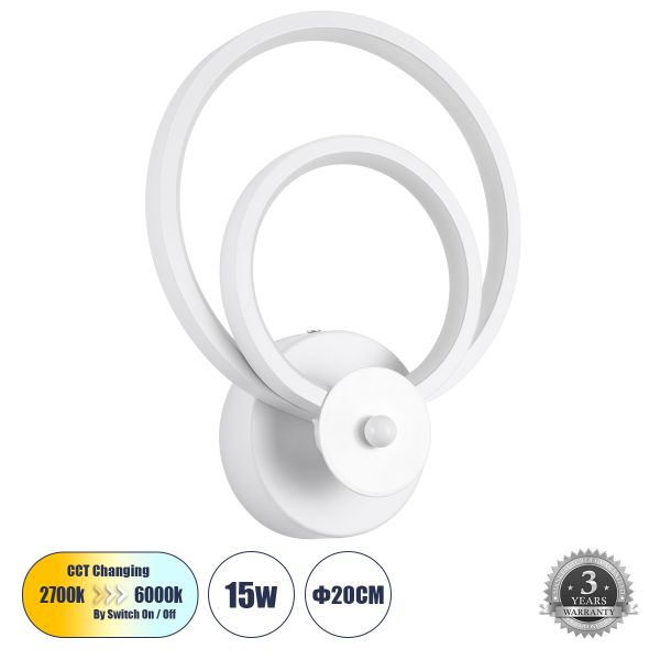 GLOBOSTAR® FREDDIE 61077 Μοντέρνο Φωτιστικό Τοίχου - Απλίκα LED 15W 1800lm 300° AC 220-240V IP20 Ρυθμιζόμενο Λευκό CCT με On/Off 2700K/4500K/6000K - Lumileds SMD Chip - Λευκό Ματ - Μ20 x Π7.5 x Υ25cm - 3 Χρόνια Εγγύηση