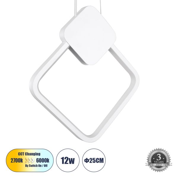 GLOBOSTAR® MARY 61083 Μοντέρνο Κρεμαστό Φωτιστικό Οροφής LED 12W 1440lm 300° AC 220-240V IP20 Ρυθμιζόμενο Λευκό CCT με On/Off 2700K/4500K/6000K - Lumileds SMD Chip - Λευκό - Μ20 x Π2.3 x Υ28.5cm - 3 Χρόνια Εγγύηση