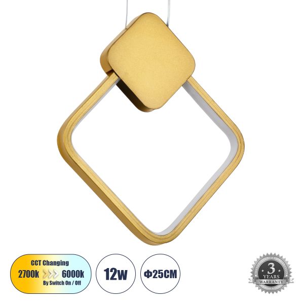 GLOBOSTAR® MARY 61084 Μοντέρνο Κρεμαστό Φωτιστικό Οροφής LED 12W 1440lm 300° AC 220-240V IP20 Ρυθμιζόμενο Λευκό CCT με On/Off 2700K/4500K/6000K - Lumileds SMD Chip - Χρυσό Βούρτσας - Μ20 x Π2.3 x Υ28.5cm - 3 Χρόνια Εγγύηση