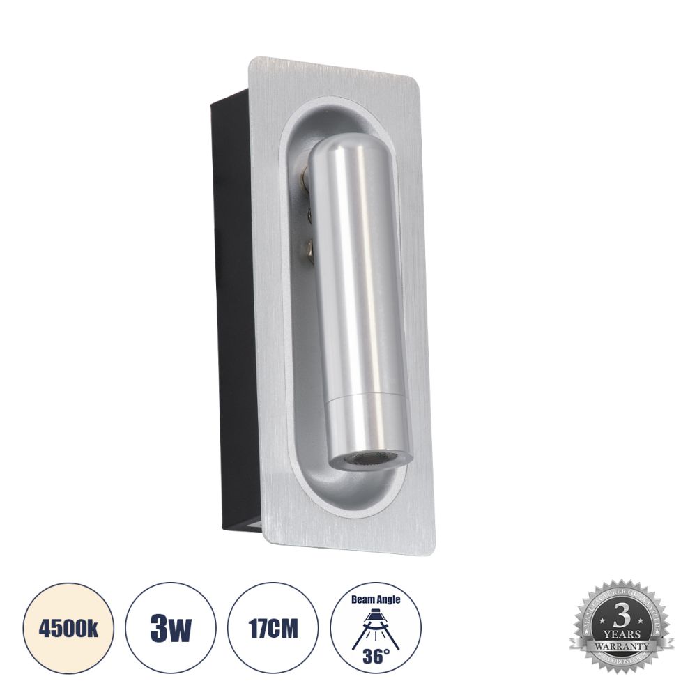 GLOBOSTAR® MANHATTAN 61099 Μοντέρνο Φωτιστικό Τοίχου - Απλίκα Ξενοδοχείου Reading Light LED 3W 405lm 36° AC 220-240V IP20 Φυσικό Λευκό 4500K - Bridgelux COB Chip & TÜV SÜD Driver - Νίκελ Βούρτσας - Μ7 x Π7 x Υ17cm - 3 Χρόνια Εγγύηση