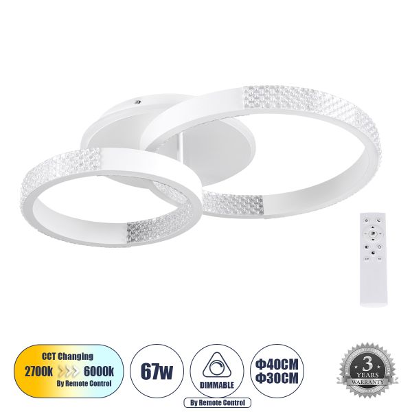 GloboStar® DIAMOND 61112 Φωτιστικό Οροφής Δαχτυλίδι-Κύκλος LED CCT 67W 8078lm 360° AC 220-240V - Εναλλαγή Φωτισμού μέσω Τηλεχειριστηρίου All In One Ψυχρό 6000k+Φυσικό 4500k+Θερμό 2700k Dimmable Φ30+40cm+BackLight - Λευκό - 3 Years Warranty