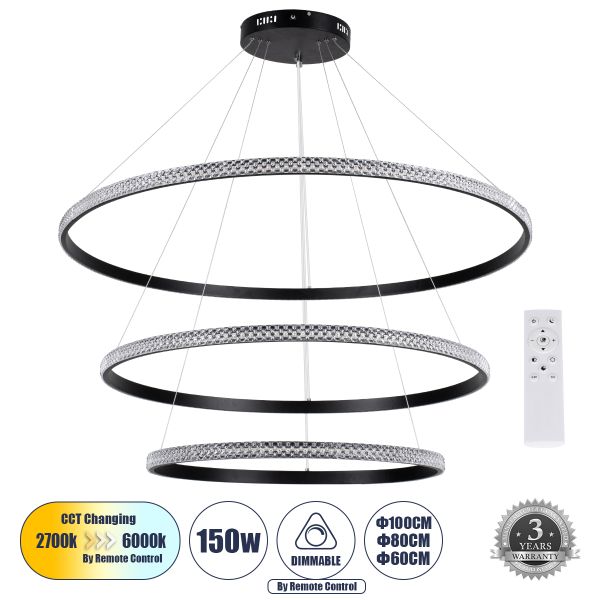 GLOBOSTAR® DIAMOND TRIO 61140 Μοντέρνο Κρεμαστό Φωτιστικό Οροφής LED 150W 18379lm 360° AC 220-240V IP20 Ρυθμιζόμενο Λευκό CCT με Χειριστήριο από 2700K έως 6000K Dimmable - Lumileds SMD Chip - Μαύρο - Μ100 x Π100 x Υ90cm - 3 Χρόνια Εγγύηση