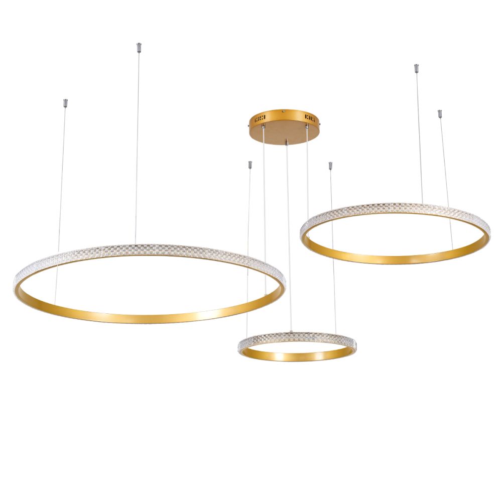 GLOBOSTAR® DIAMOND TRIO 61145 Μοντέρνο Κρεμαστό Φωτιστικό Οροφής LED 120W 14723lm 360° AC 220-240V IP20 Ρυθμιζόμενο Λευκό CCT με Χειριστήριο από 2700K έως 6000K Dimmable - Lumileds SMD Chip - Χρυσό Βούρτσας - Μ150 x Π150 x Υ60cm - 3 Χρόνια Εγγύηση