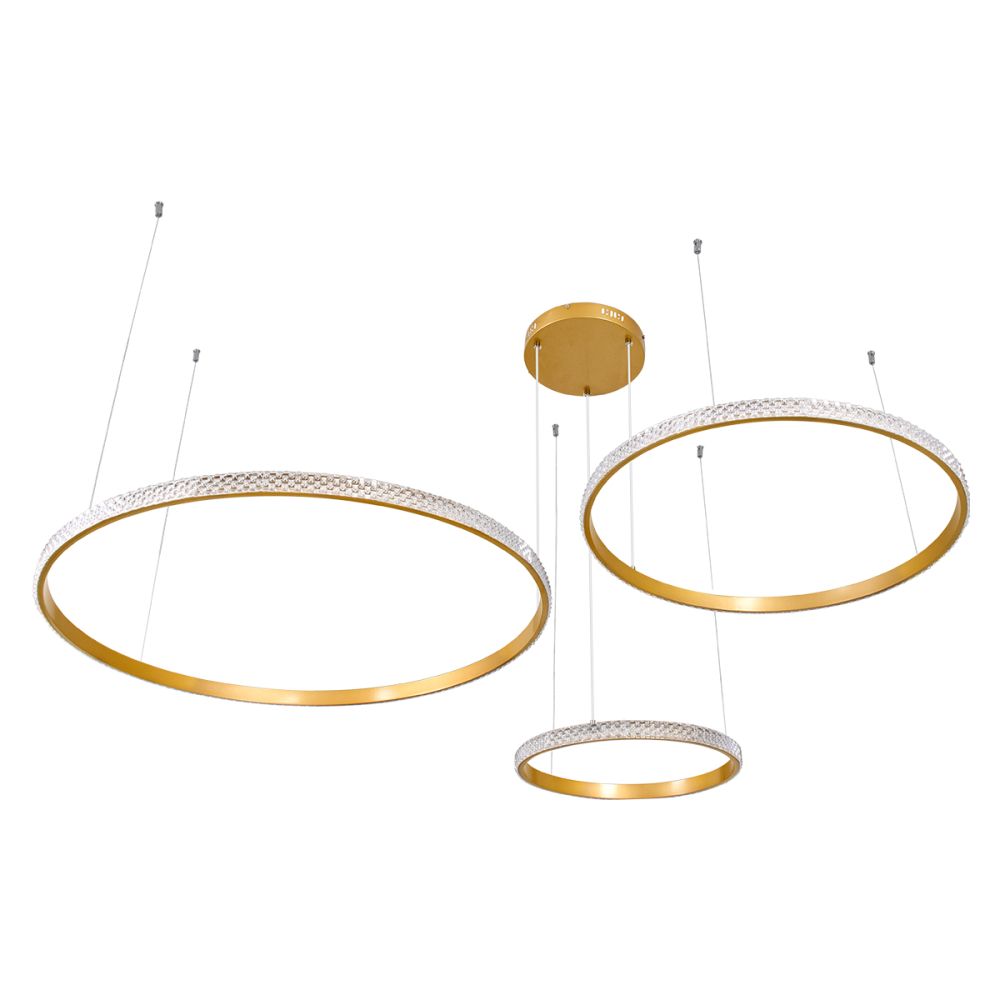 GLOBOSTAR® DIAMOND TRIO 61145 Μοντέρνο Κρεμαστό Φωτιστικό Οροφής LED 120W 14723lm 360° AC 220-240V IP20 Ρυθμιζόμενο Λευκό CCT με Χειριστήριο από 2700K έως 6000K Dimmable - Lumileds SMD Chip - Χρυσό Βούρτσας - Μ150 x Π150 x Υ60cm - 3 Χρόνια Εγγύηση
