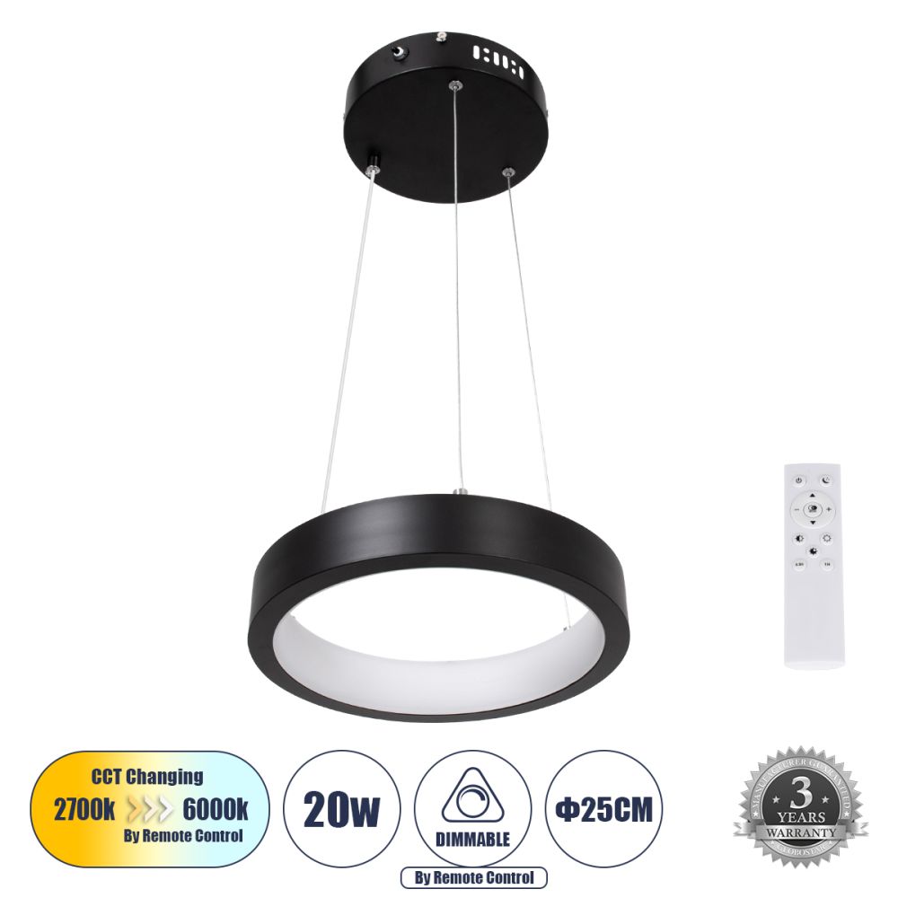 GLOBOSTAR® NEMESIS 61152 Μοντέρνο Κρεμαστό Φωτιστικό Οροφής LED 20W 2000lm 360° AC 220-240V IP20 Ρυθμιζόμενο Λευκό CCT με Χειριστήριο από 2700K έως 6000K Dimmable - Lumileds SMD Chip - Μαυρό Ματ - Μ25 x Π25 x Υ4cm - 3 Χρόνια Εγγύηση
