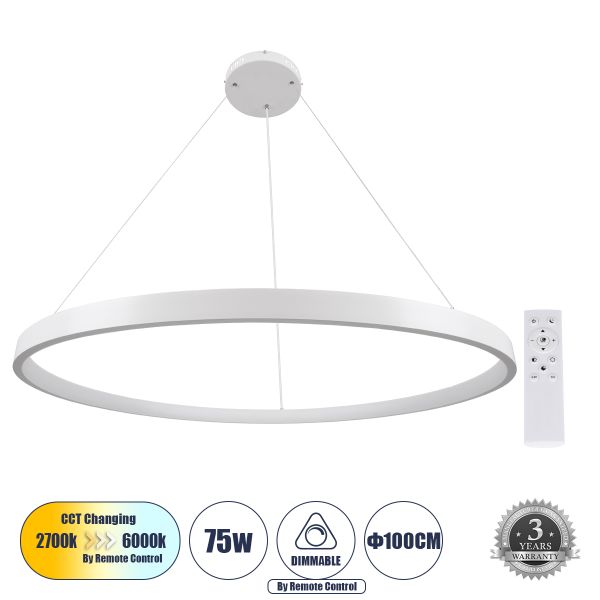GLOBOSTAR® NEMESIS 61165 Μοντέρνο Κρεμαστό Φωτιστικό Οροφής LED 75W 8743lm 360° AC 220-240V IP20 Ρυθμιζόμενο Λευκό CCT με Χειριστήριο από 2700K έως 6000K Dimmable - Lumileds SMD Chip - Λευκό - Μ100 x Π100 x Υ4cm - 3 Χρόνια Εγγύηση