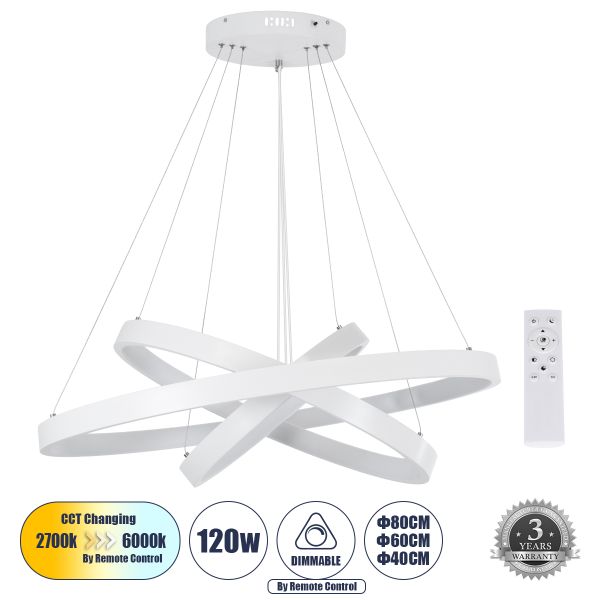 GLOBOSTAR® NEMESIS TRIO 61171-DECO Μοντέρνο Κρεμαστό Φωτιστικό Οροφής LED 120W 14723lm 360° AC 220-240V IP20 Ρυθμιζόμενο Λευκό CCT με Χειριστήριο από 2700K έως 6000K Dimmable - Lumileds SMD Chip - Λευκό - Μ40 x Π60 x Υ80cm - 3 Χρόνια Εγγύηση