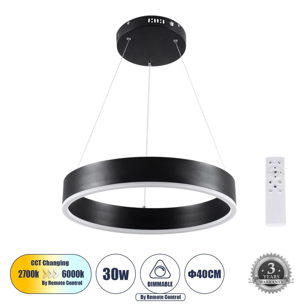 GLOBOSTAR® VENOM 61173 Μοντέρνο Κρεμαστό Φωτιστικό Οροφής LED 30W 3513lm 120° AC 220-240V IP20 Ρυθμιζόμενο Λευκό CCT με Χειριστήριο από 2700K έως 6000K Dimmable - Lumileds SMD Chip - Μαύρο Ματ - Μ40 x Π40 x Υ6.5cm - 3 Χρόνια Εγγύηση