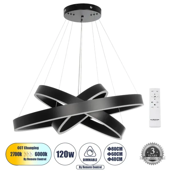 kelvo® VENOM 61188-DECO Μοντέρνο Κρεμαστό Φωτιστικό Οροφής LED 120W 14158lm 120° AC 220-240V IP20 Ρυθμιζόμενο Λευκό CCT με Χειριστήριο από 2700K έως 6000K Dimmable - Lumileds SMD Chip - Μαύρο Ματ - Μ80 x Π80 x Υ60cm - 3 Χρόνια Εγγύηση