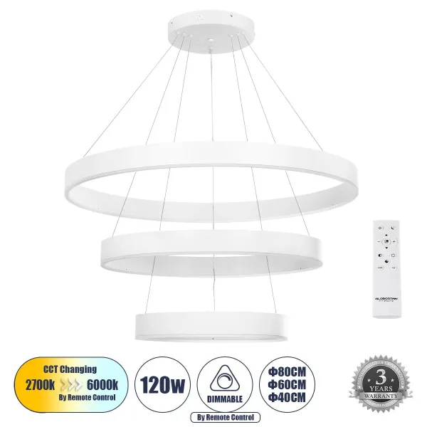 kelvo® VENOM 61189 Μοντέρνο Κρεμαστό Φωτιστικό Οροφής LED 120W 14158lm 120° AC 220-240V IP20 Ρυθμιζόμενο Λευκό CCT με Χειριστήριο από 2700K έως 6000K Dimmable - Lumileds SMD Chip - Λευκό Ματ - Μ80 x Π80 x Υ60cm - 3 Χρόνια Εγγύηση