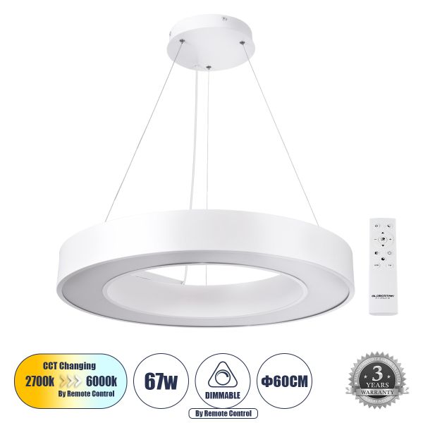GLOBOSTAR® RA 61195 Μοντέρνο Κρεμαστό Φωτιστικό Οροφής LED 67W 7370lm 120° AC 220-240V IP20 Ρυθμιζόμενο Λευκό CCT με Χειριστήριο από 2700K έως 6000K Dimmable - Lumileds SMD Chip - Λευκό - Μ60 x Π80 x Υ8cm - 3 Χρόνια Εγγύηση