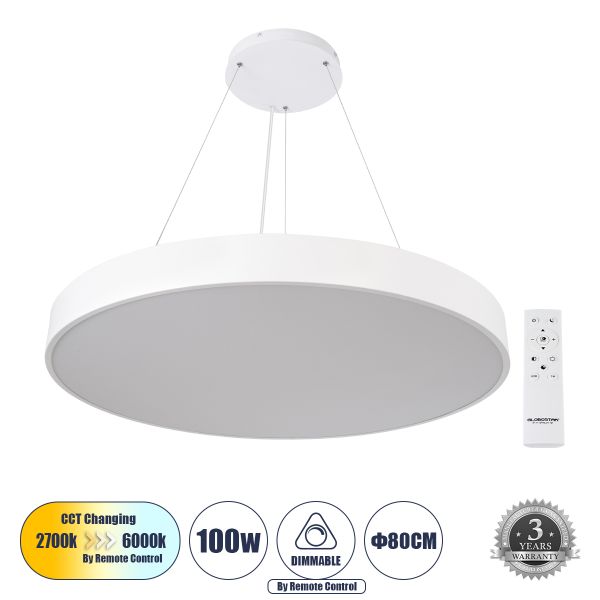 GLOBOSTAR® BURTON 61205 Μοντέρνο Κρεμαστό Φωτιστικό Οροφής LED 100W 11020lm 120° AC 220-240V IP20 Ρυθμιζόμενο Λευκό CCT με Χειριστήριο από 2700K έως 6000K Dimmable - Lumileds SMD Chip - Λευκό Ματ - Μ80 x Π80 x Υ8cm - 3 Χρόνια Εγγύηση