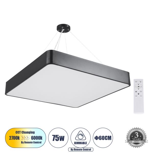 GLOBOSTAR® KAMALA 61208-P Μοντέρνο Κρεμαστό Φωτιστικό Οροφής LED 75W 8625lm 120° AC 220-240V IP20 Ρυθμιζόμενο Λευκό CCT με Χειριστήριο από 2700K έως 6000K Dimmable - Lumileds SMD Chip - Μαύρο - Μ60 x Π60 x Υ8cm - 3 Χρόνια Εγγύηση