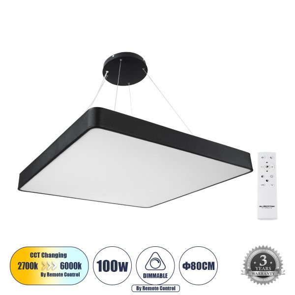 GLOBOSTAR® KAMALA 61210-P Μοντέρνο Κρεμαστό Φωτιστικό Οροφής LED 100W 11020lm 120° AC 220-240V IP20 Ρυθμιζόμενο Λευκό CCT με Χειριστήριο από 2700K έως 6000K Dimmable - Lumileds SMD Chip - Μαύρο - Μ80 x Π80 x Υ8cm - 3 Χρόνια Εγγύηση