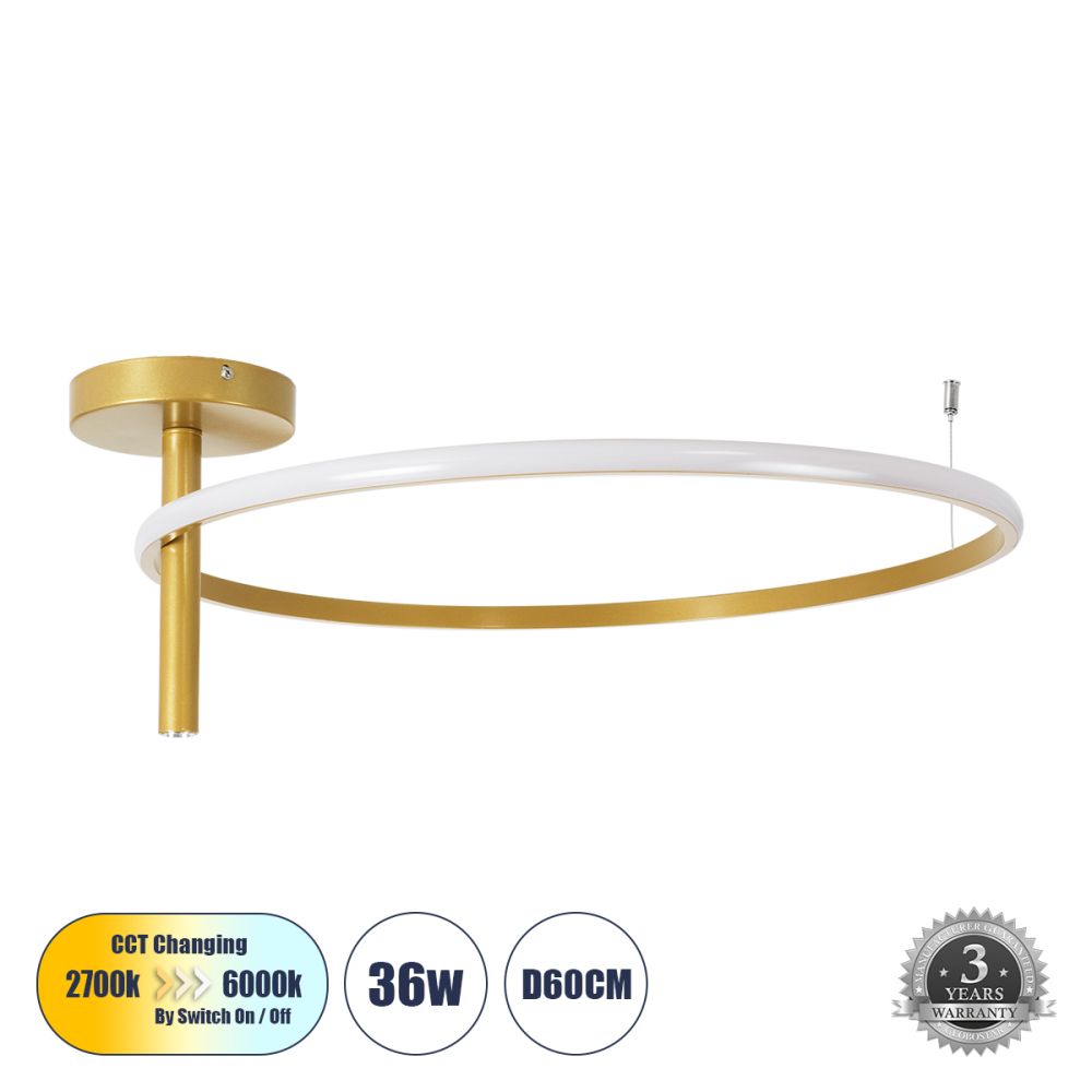 GLOBOSTAR® VERONA 61225 Μοντέρνο Φωτιστικό Οροφής LED 36W 4032lm 360° AC 220-240V IP20 Ρυθμιζόμενο Λευκό CCT με On/Off 2700K/4500K/6000K - Lumileds SMD Chip - Χρυσό Βούρτσας - Μ60 x Π60 x Υ23cm - 3 Χρόνια Εγγύηση