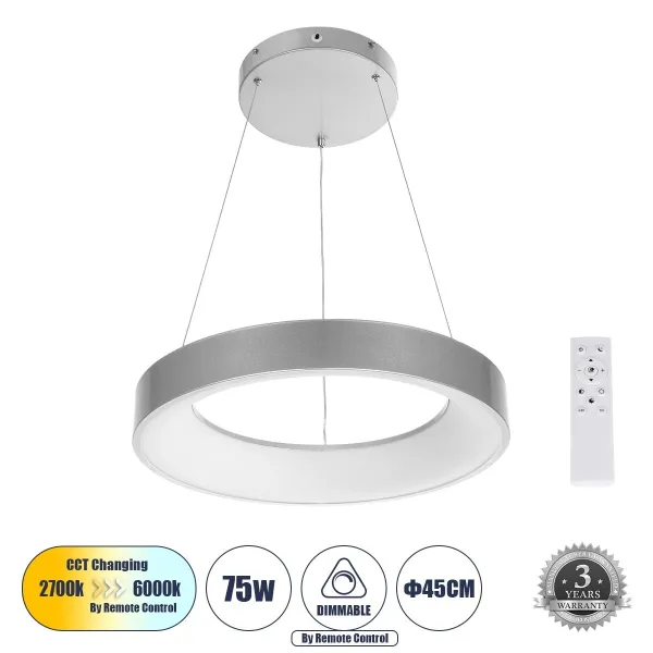 GLOBOSTAR® SALEM 61242 Μοντέρνο Κρεμαστό Φωτιστικό Οροφής LED 75W 8625lm 120° AC 220-240V IP20 Ρυθμιζόμενο Λευκό CCT με Χειριστήριο από 2700K έως 6000K Dimmable - Lumileds SMD Chip - Γκρι - Μ45 x Π45 x Υ6cm - 3 Χρόνια Εγγύηση