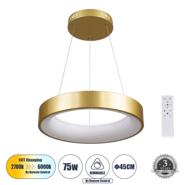 GLOBOSTAR® SALEM 61243 Μοντέρνο Κρεμαστό Φωτιστικό Οροφής LED 75W 8625lm 120° AC 220-240V IP20 Ρυθμιζόμενο Λευκό CCT με Χειριστήριο από 2700K έως 6000K Dimmable - Lumileds SMD Chip - Χρυσό - Μ45 x Π45 x Υ6cm - 3 Χρόνια Εγγύηση