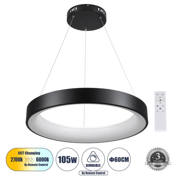 GLOBOSTAR® SALEM 61245 Μοντέρνο Κρεμαστό Φωτιστικό Οροφής LED 105W 12075lm 120° AC 220-240V IP20 Ρυθμιζόμενο Λευκό CCT με Χειριστήριο από 2700K έως 6000K Dimmable - Lumileds SMD Chip - Μαύρο - Μ60 x Π60 x Υ7cm - 3 Χρόνια Εγγύηση