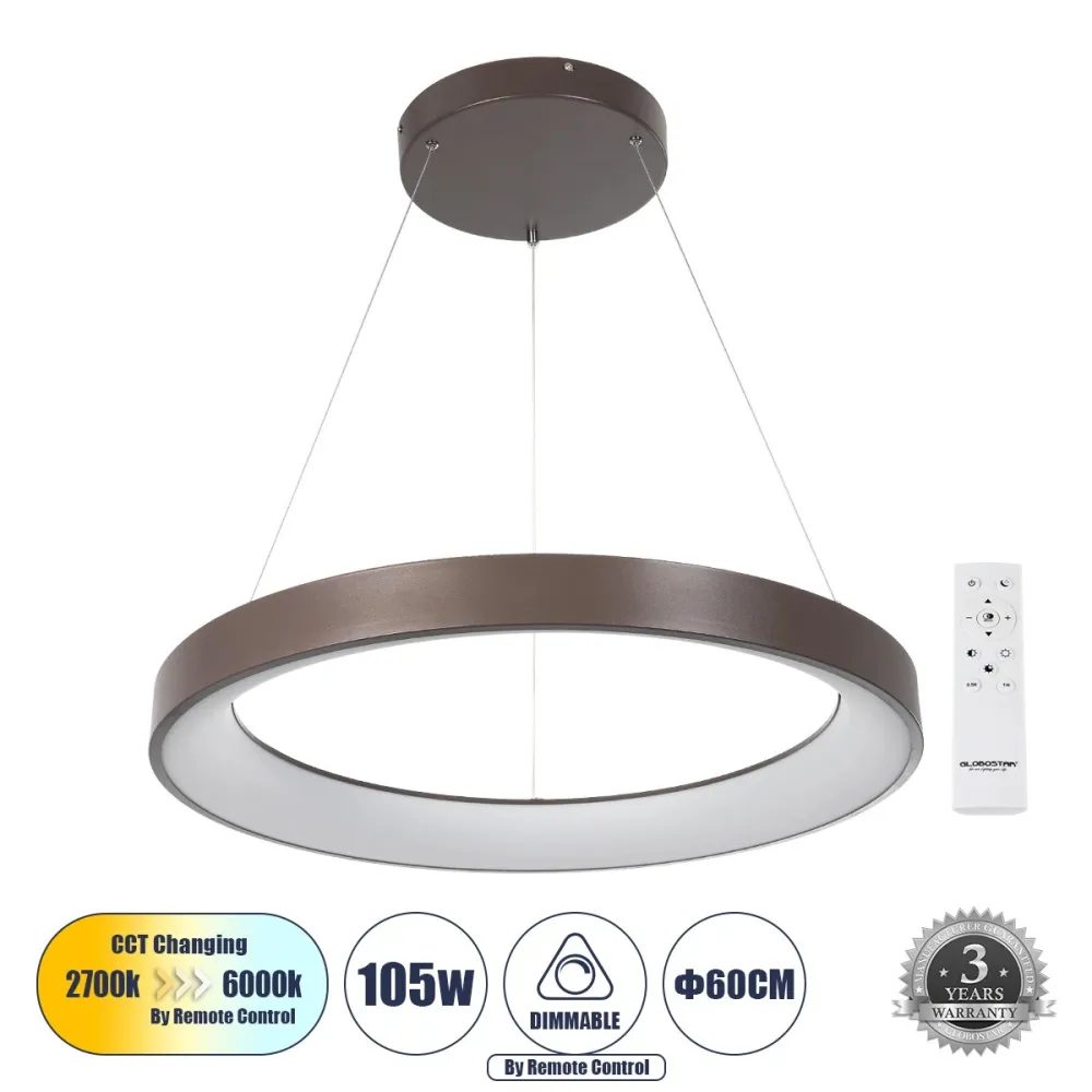 GLOBOSTAR® SALEM 61248 Μοντέρνο Κρεμαστό Φωτιστικό Οροφής LED 105W 12075lm 120° AC 220-240V IP20 Ρυθμιζόμενο Λευκό CCT με Χειριστήριο από 2700K έως 6000K Dimmable - Lumileds SMD Chip - Καφέ Ματ - Μ60 x Π60 x Υ6cm - 3 Χρόνια Εγγύηση