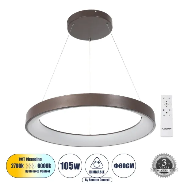GLOBOSTAR® SALEM 61248 Μοντέρνο Κρεμαστό Φωτιστικό Οροφής LED 105W 12075lm 120° AC 220-240V IP20 Ρυθμιζόμενο Λευκό CCT με Χειριστήριο από 2700K έως 6000K Dimmable - Lumileds SMD Chip - Χάλκινο & Καφέ - Μ60 x Π60 x Υ7cm - 3 Χρόνια Εγγύηση