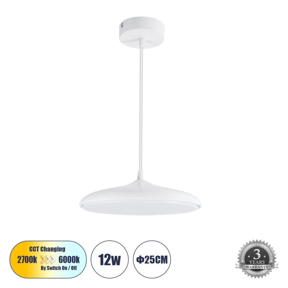 GLOBOSTAR® BARON 61252 Μοντέρνο Κρεμαστό Φωτιστικό Οροφής LED 12W 1440lm 120° AC 220-240V IP20 Ρυθμιζόμενο Λευκό CCT με On/Off 2700K/4500K/6000K - Lumileds SMD Chip - Λευκό Ματ - Μ25 x Π25 x Υ8cm - 3 Χρόνια Εγγύηση