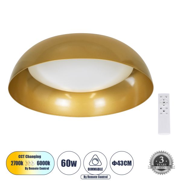 GLOBOSTAR® ANATOLIA 61263 Μοντέρνο Φωτιστικό Οροφής LED 60W 6900lm 120° AC 220-240V IP20 Ρυθμιζόμενο Λευκό CCT με Χειριστήριο από 2700K έως 6000K Dimmable - Lumileds SMD Chip - Χρυσό - Μ43 x Π43 x Υ11cm - 3 Χρόνια Εγγύηση