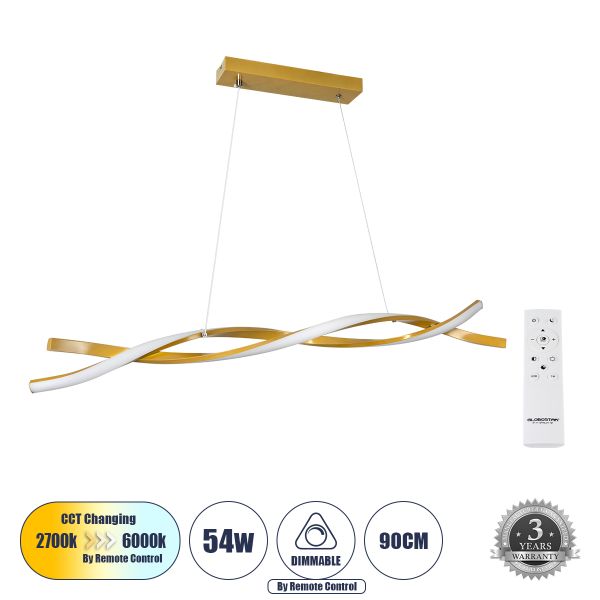 GLOBOSTAR® MORALES 61278 Μοντέρνο Κρεμαστό Φωτιστικό Οροφής LED 54W 6048lm 200° AC 220-240V IP20 Ρυθμιζόμενο Λευκό CCT με Χειριστήριο από 2700K έως 6000K Dimmable - Lumileds SMD Chip - Χρυσό - Μ90 x Π14 x Υ14cm - 3 Χρόνια Εγγύηση